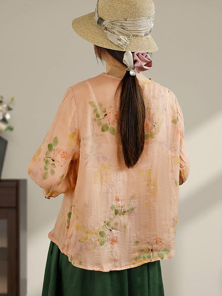 Women Summer Vintage Flower Buckle V-Neck Ramie Shirt HH014 BUYKUD