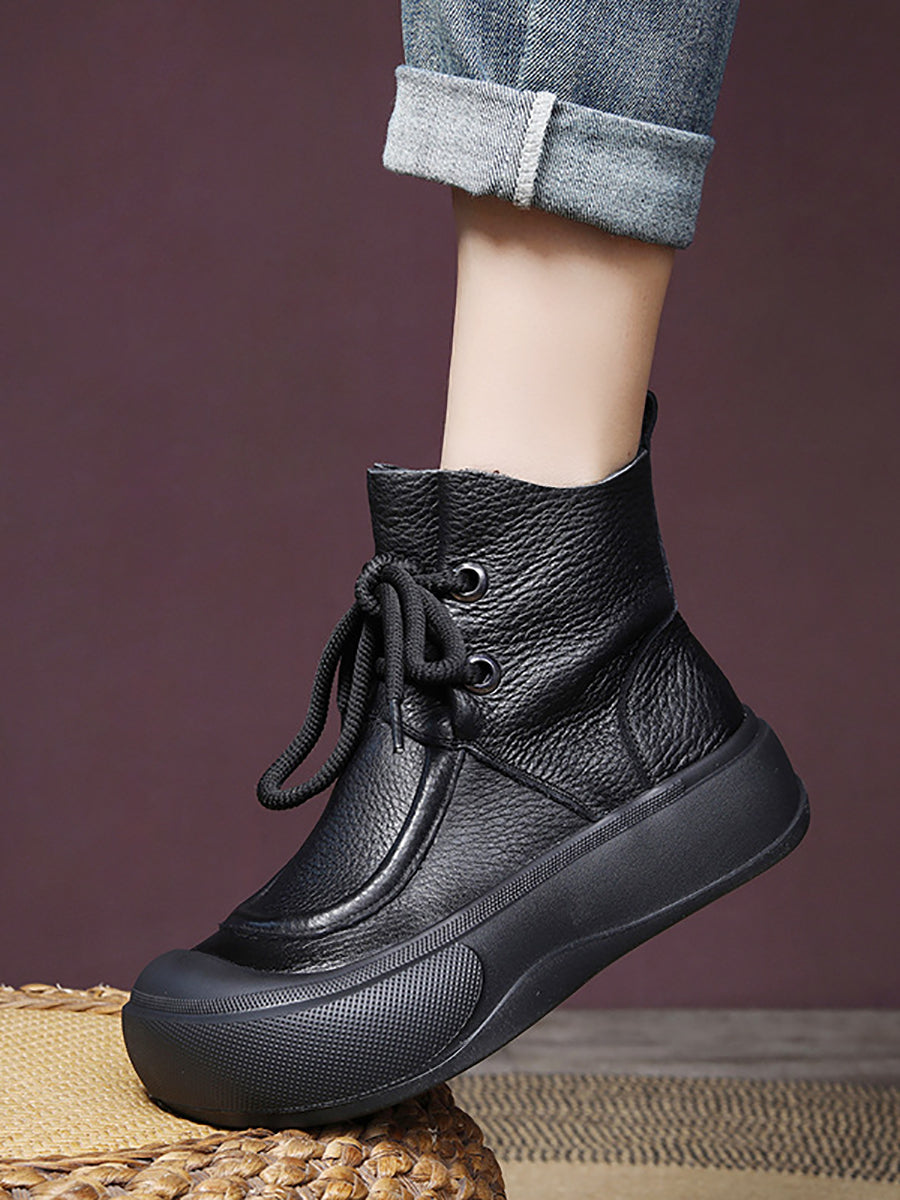 Women Casual Winter Solid Leather Strap Platform Boots WG009 BUYKUD