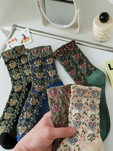 5 Pairs Women Artsy Flower Jacquard Socks AX1028 Genistyle Shop