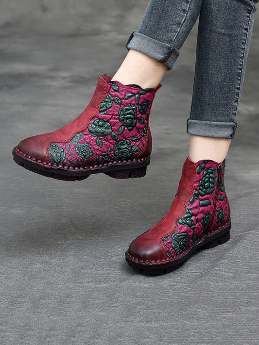 Women Retro Flower Leather Spliced Zipper Low Heel Boots AT1067 RXMY