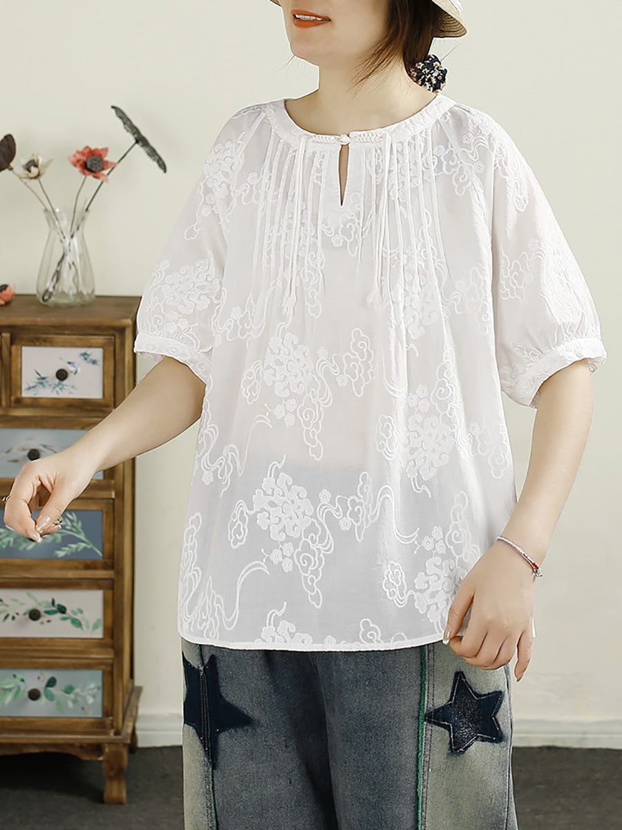 Women Summer Vintage Shirred Embroidery Cotton Shirt HH044 QJH