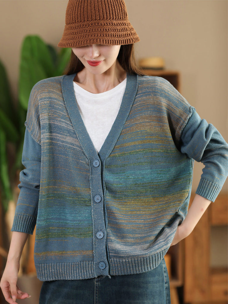 Women Autumn Artsy Colorful Knit V-Neck Cardigan Sweater AI1077 BUYKUD