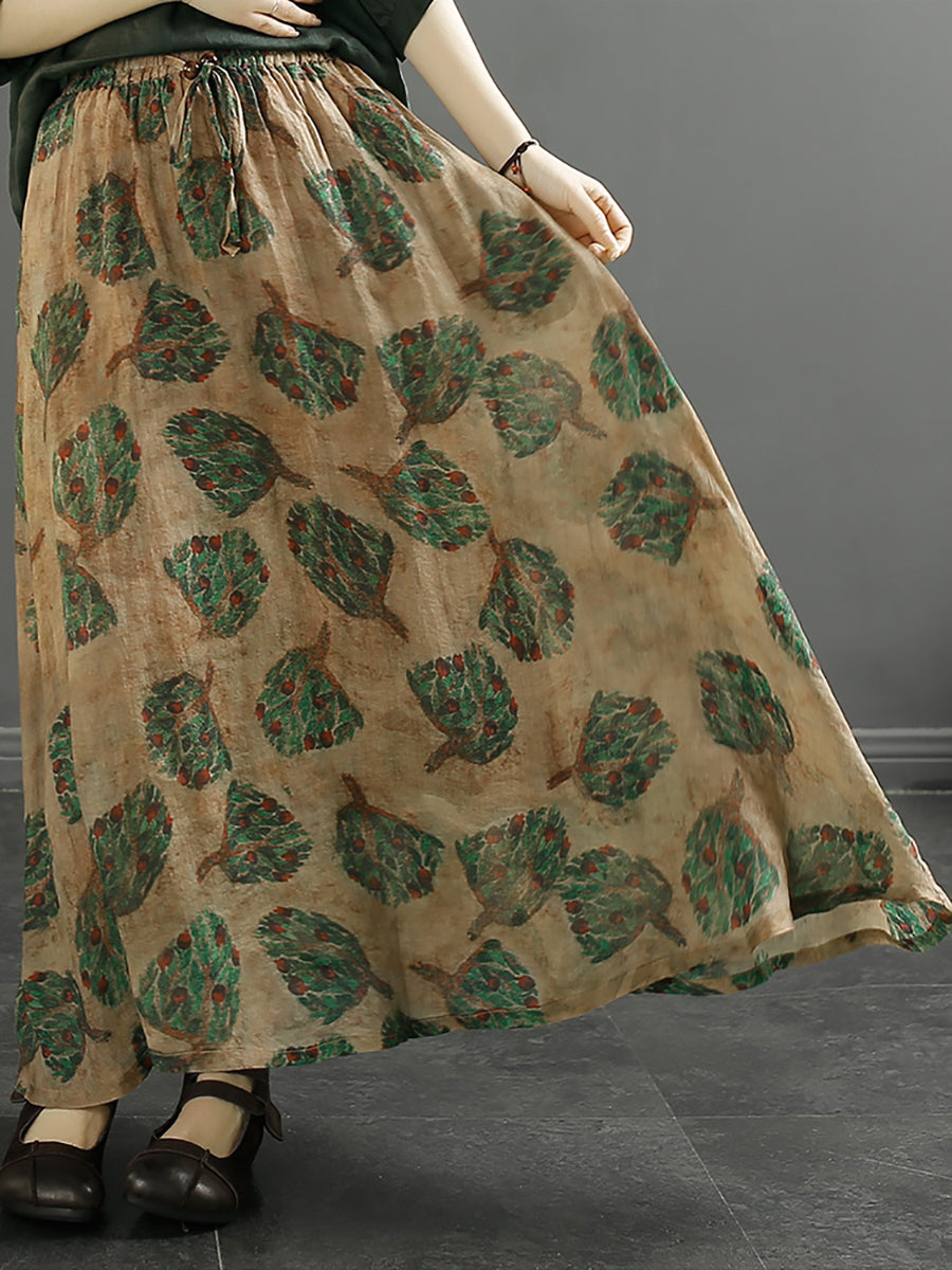 Women Vintage Leaf Flower Ramie Loose Skirt SC1042 Ada Fashion