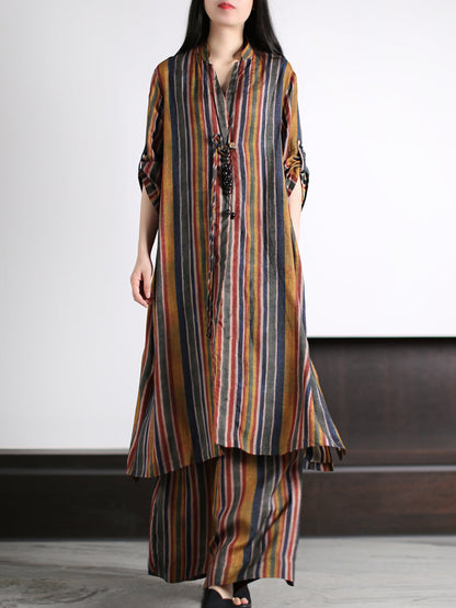 Plus Size Women Vintage Stripe Loose Long Shirt+Pants XX1029 Ada Fashion