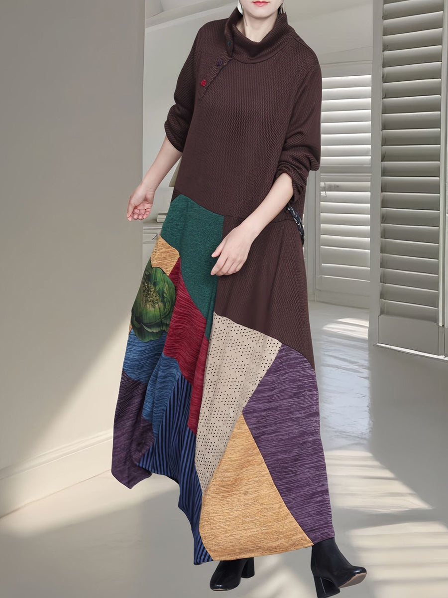 Women Autumn Colorblock Half Turtleneck Knit Dress QU011 BUYKUD