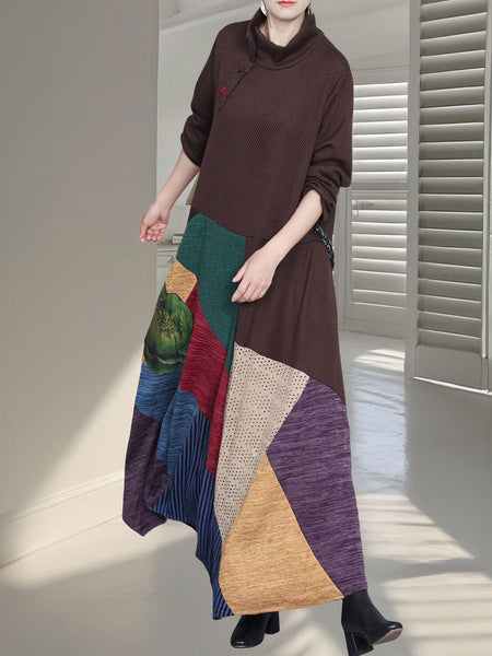 Women Autumn Colorblock Half Turtleneck Knit Dress QU011 BUYKUD