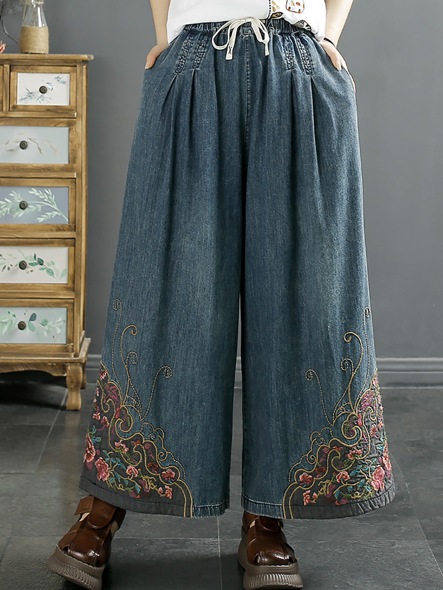 Women Vintage Summer Embroidery Wide-leg Denim Pants CO1050 Ada Fashion