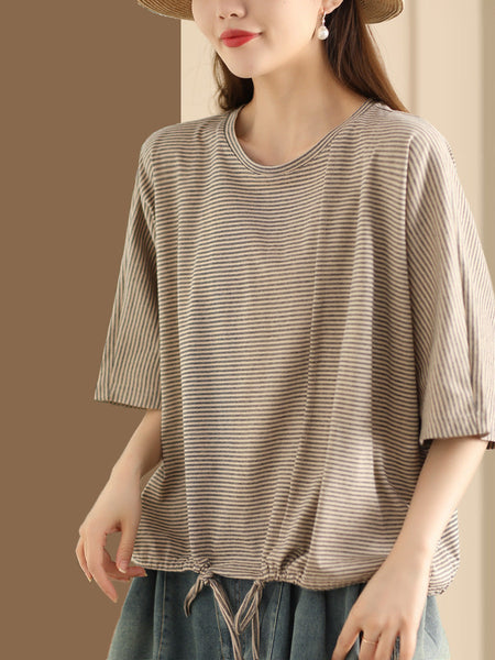 Women Summer Casual Stripe Strap Cotton Shirt BN1043 Ada Fashion