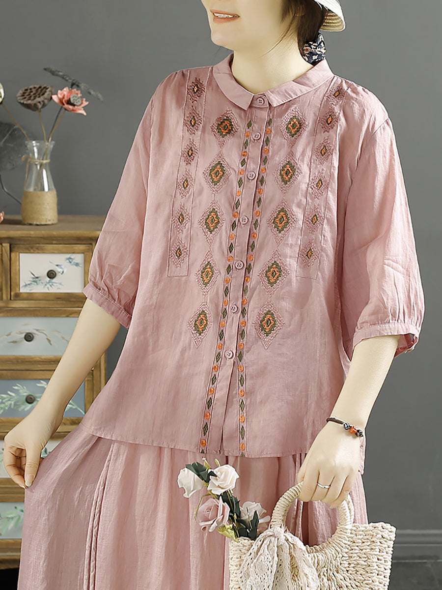 Women Ethnic Rhomboids Embroidery Ramie Button Up Blouse KL1031 Ada Fashion