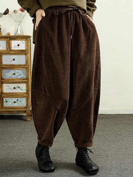 Women Autumn Solid Corduroy Spliced Cotton Harem Pants AI1047 BK