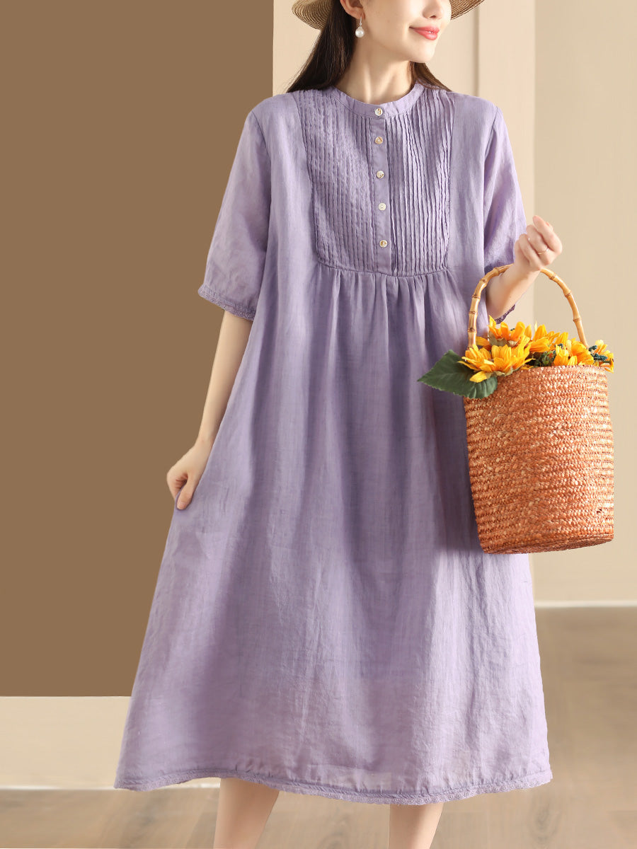 Women Summer Casual Solid Shirred Button Linen Dress HH019 LN