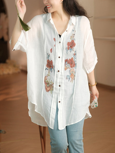 Women Summer Artsy Flower Shirred Button-up Ramie Shirt LL041 BUYKUD