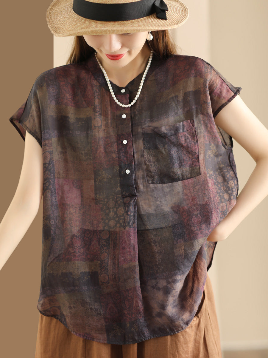 Women Summer Vintage Ramie Print Button-up Ramie Shirt OP1041 BUYKUD