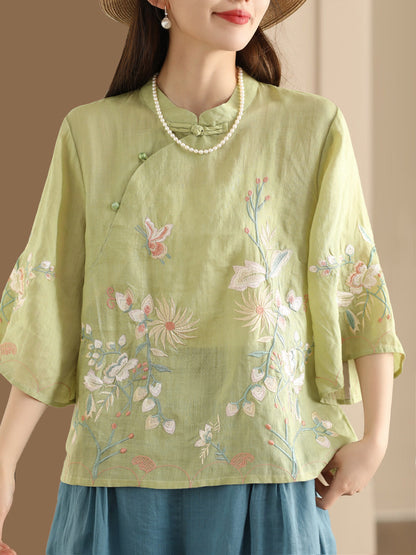 Women Vintage Floral Embroidery Ramie Stand Collar Shirt WE1038 Ada Fashion