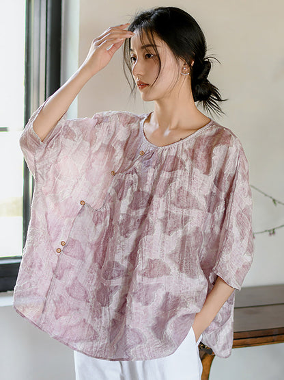 Women Summer Vintage Print O-Neck Button Loose Shirt II1009 BUYKUD