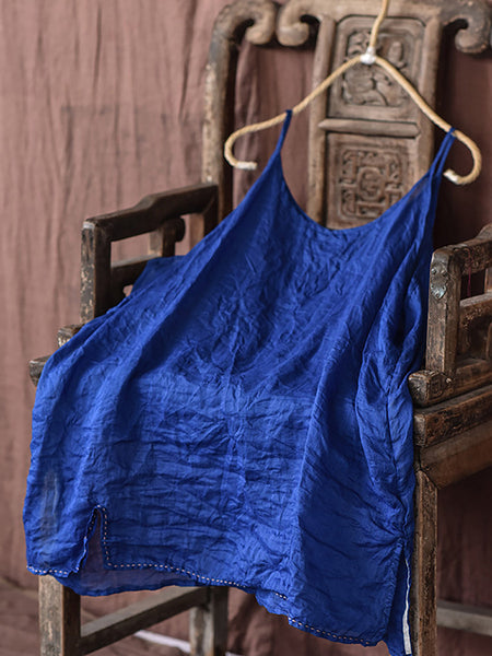 Women Casual Solid Split Hem Stitching Loose Ramie Vest LL023 QYMM