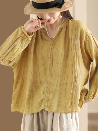 Women Spring Solid Vintage Ramie V-neck Blouse CO1013 Ada Fashion