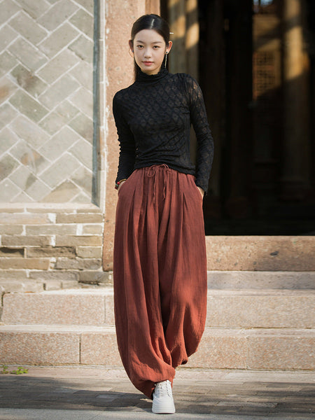 Women Autumn Vintage Solid Ramie Loose Bloomers AV1057 Genistyle Shop