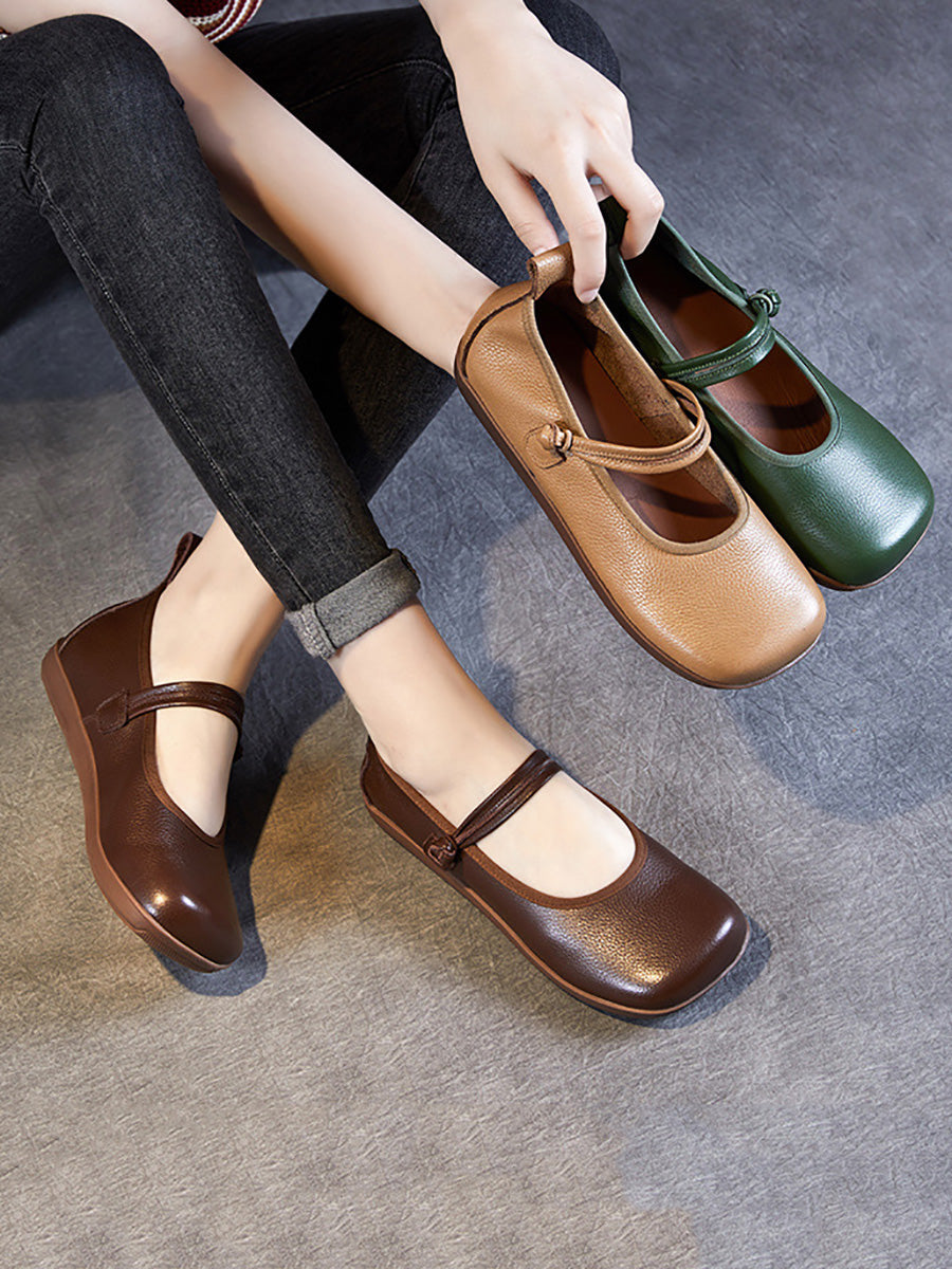 Women Casual Solid Leather Square Toe Flat Shoes AT1040 ZMM