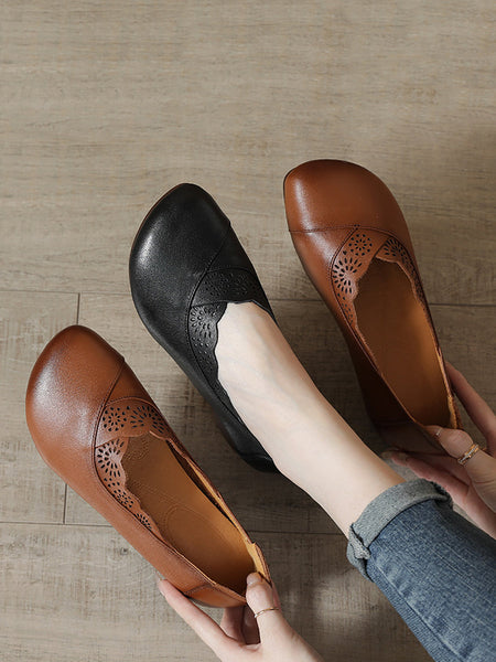 Women Artsy Solid Soft Leather Spliced Low Heel Shoes RR1048 BC