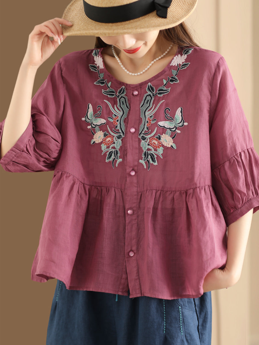 Women Ethnic Flower Embroidery Summer Ramie Shirt QW1015 Ada Fashion