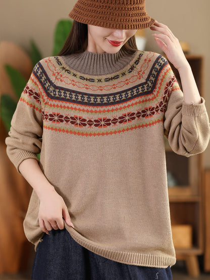 Women Vintage Autumn Jacquard Half Turtleneck Sweater AI1005 BUYKUD