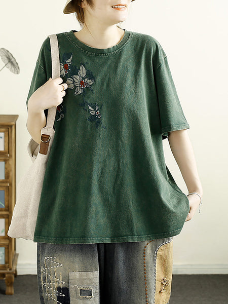 Women Summer Artsy Flower Embridery Cotton Shirt RR1012 BUYKUD