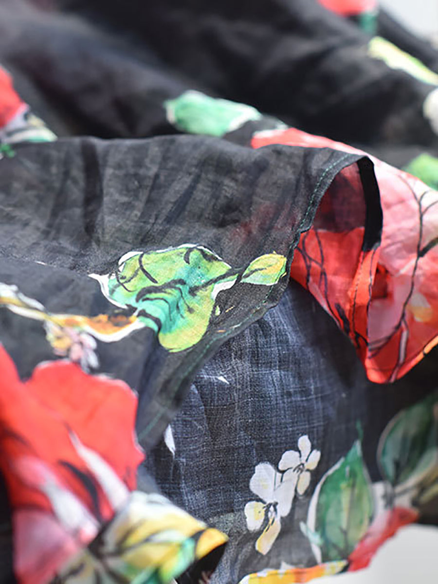 Women Ethnic Spring Flower Print V-Neck Shirt LL060 QYMM