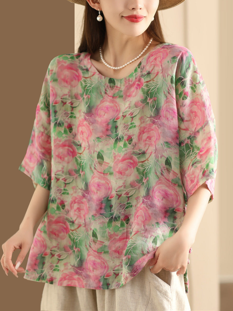 Women Artsy Floral Summer Ramie Pullover Shirt KL1016 Ada Fashion