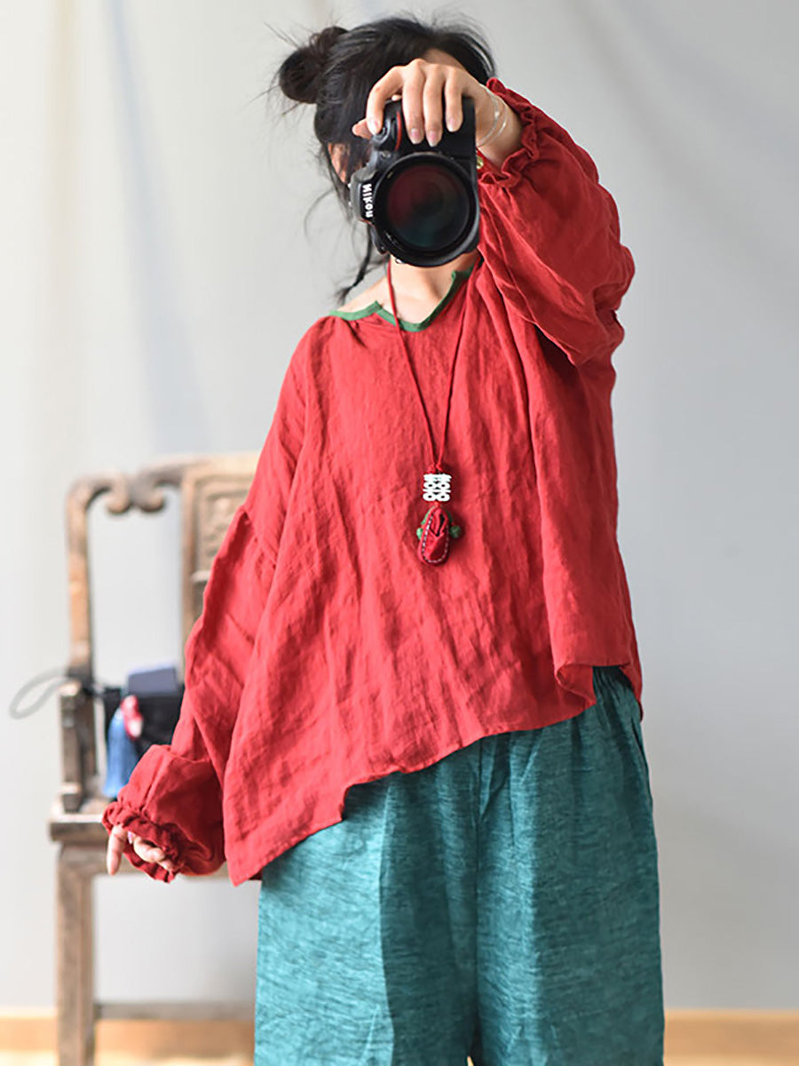 Women Spring Retro V-Neck Puff Sleeve Shirt AV1037 Genistyle Shop