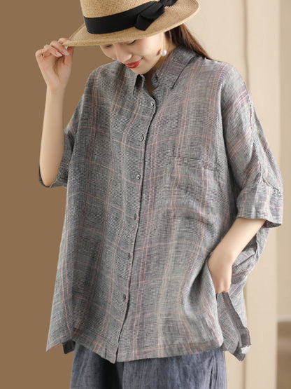 Women Retro Summer Plaid Linen Button-Up Blouse CO1006 Ada Fashion