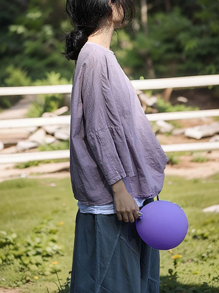 Women Spring Vintage Purple Drawstring Cotton Shirt SC1018 Ada Fashion