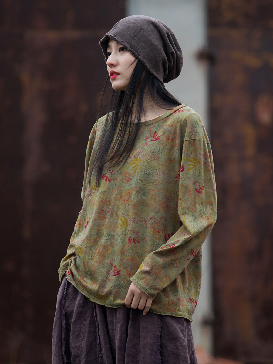 Women Vintage Autumn O-Neck Flower Cotton Blouse AT1008 BUYKUD