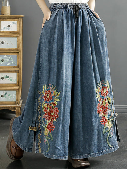 Women Summer Artsy Flower Embroidery Wide-leg Denim Pants CO1043 Ada Fashion