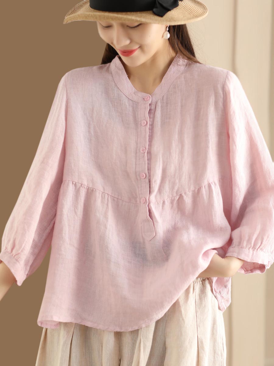 Women Retro Solid Spring Pullover Linen Shirt KL1030 Ada Fashion