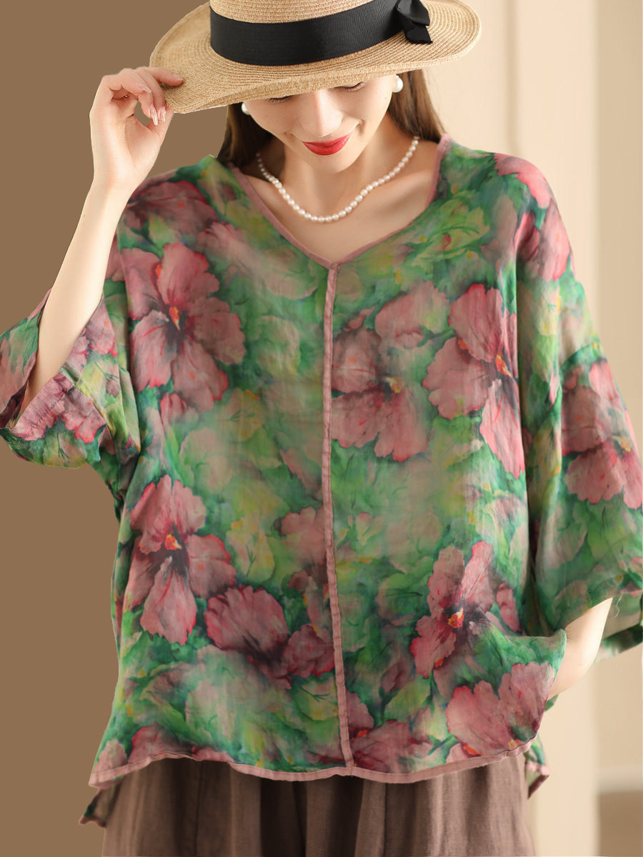 Women Vintage Floral V-Neck Linen Summer Shirt XX1014 Ada Fashion