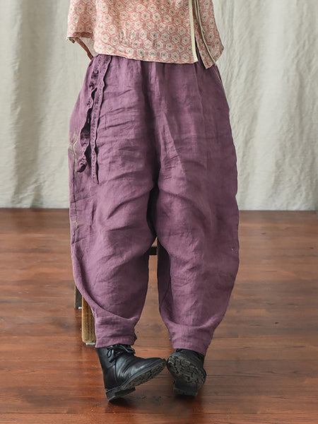 Women Casual Solid Drawstring Loose Linen Turnip Pants CX045 QYMM