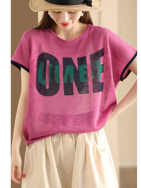 Women Summer Letter Printing Knitted Loose Shirt OP1049 BUYKUD
