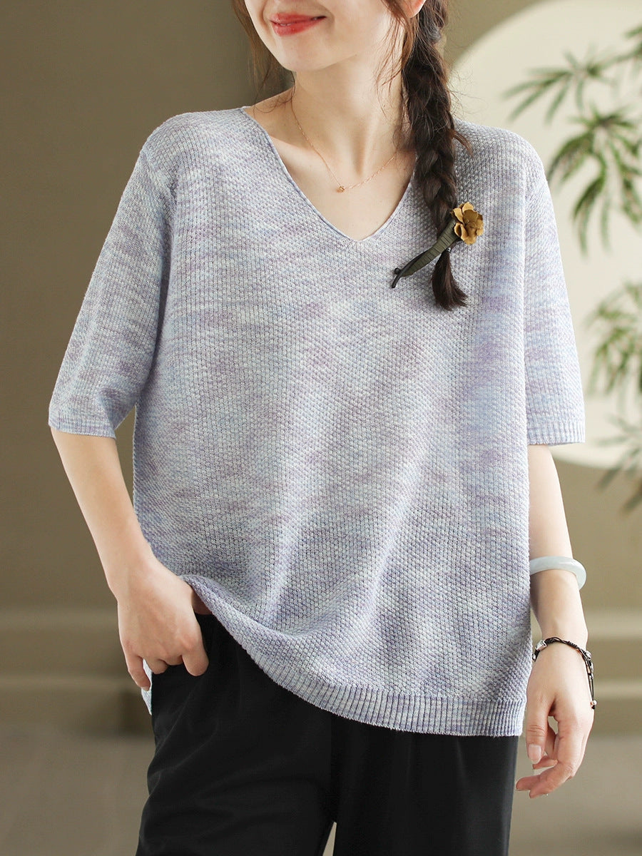 Women Summer Casual Knitted Linen V-Neck Shirt WE1029 Ada Fashion