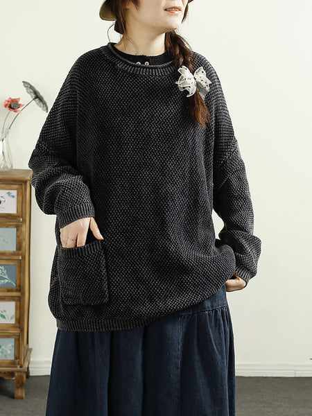 Women Casual Autumn O-Neck Solid Knit Sweater AT1025 BUYKUD
