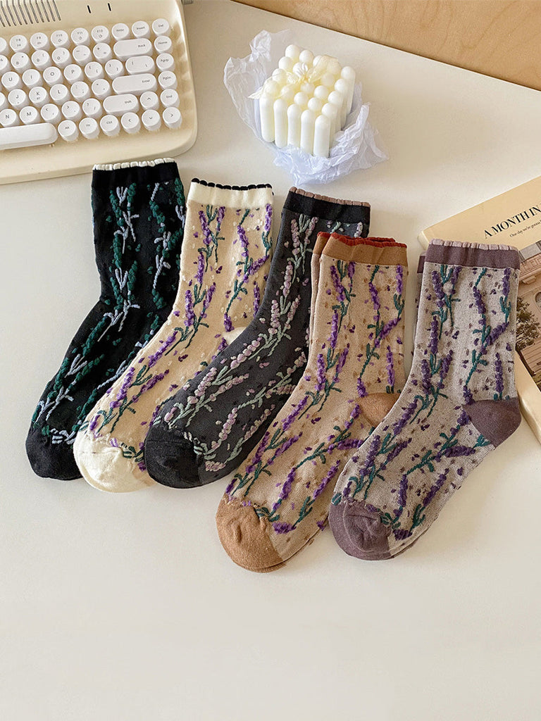 5 Pairs Women Flower Jacquard Colorblock Cotton Socks AH1024 ZJHK