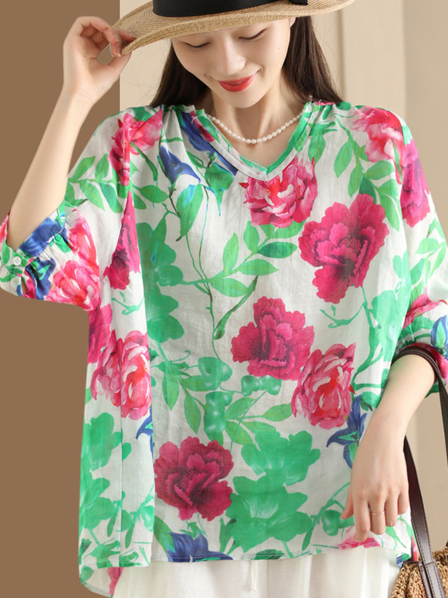 Women Summer Flower V-Neck Ramie Loose Shirt OO1035 ZMMM