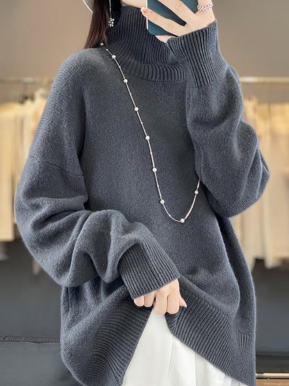 Women Autumn Casual Turtleneck Solid 100%Wool Sweater QU012 BK