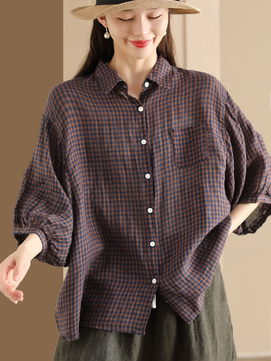 Women Summer Vintage Plaid Button-Up Linen Shirt PP1034 BUYKUD