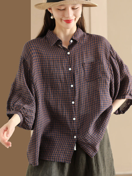 Women Summer Vintage Plaid Button-Up Linen Shirt PP1034 BUYKUD