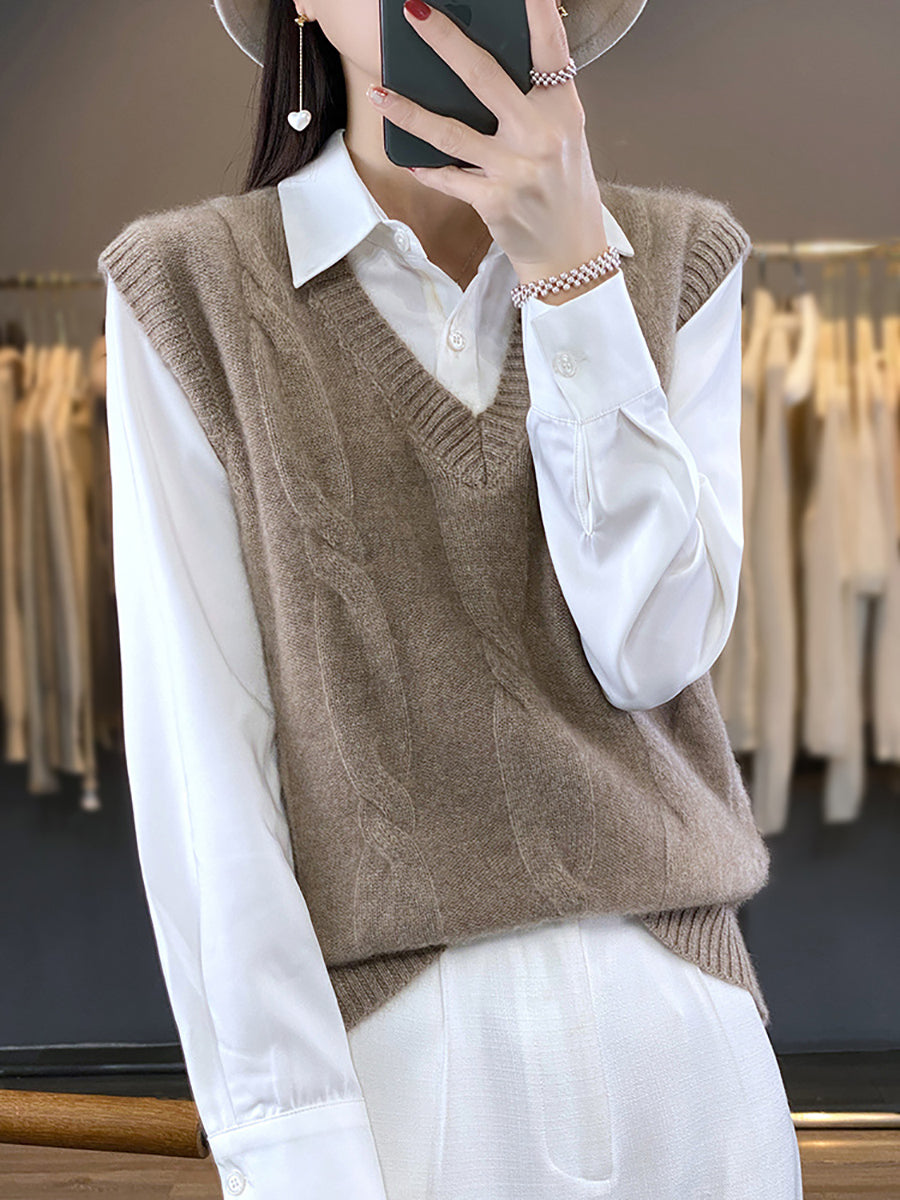 Women Casual Autumn Wool V-Neck Cable Knit Vest QN024 BUYKUD