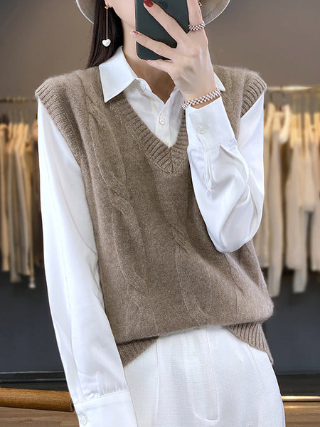 Women Casual Autumn Wool V-Neck Cable Knit Vest QN024 BUYKUD