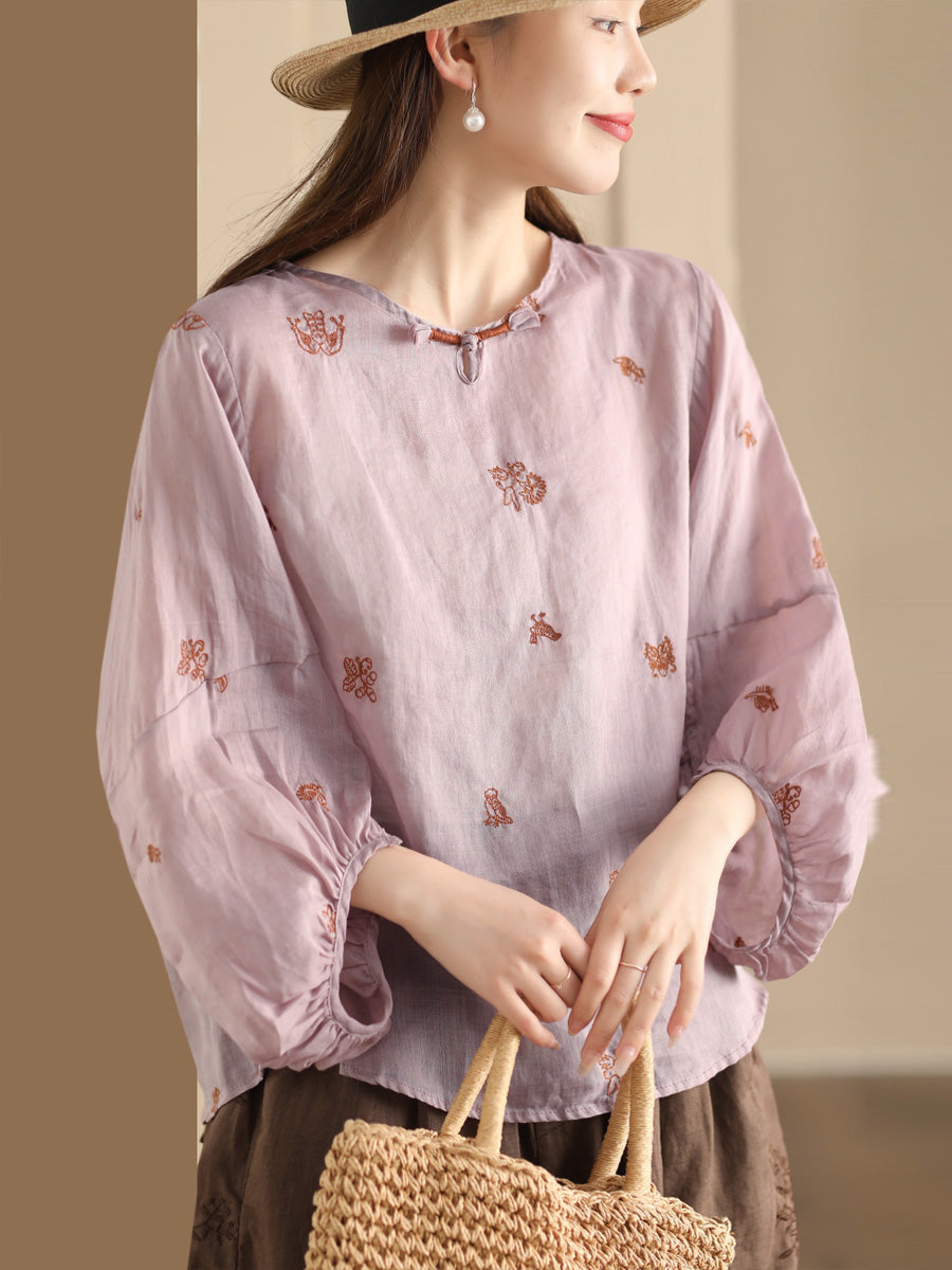 Women Summer Vintage Flower Embroidery Ramie Shirt AA1042 Ada Fashion