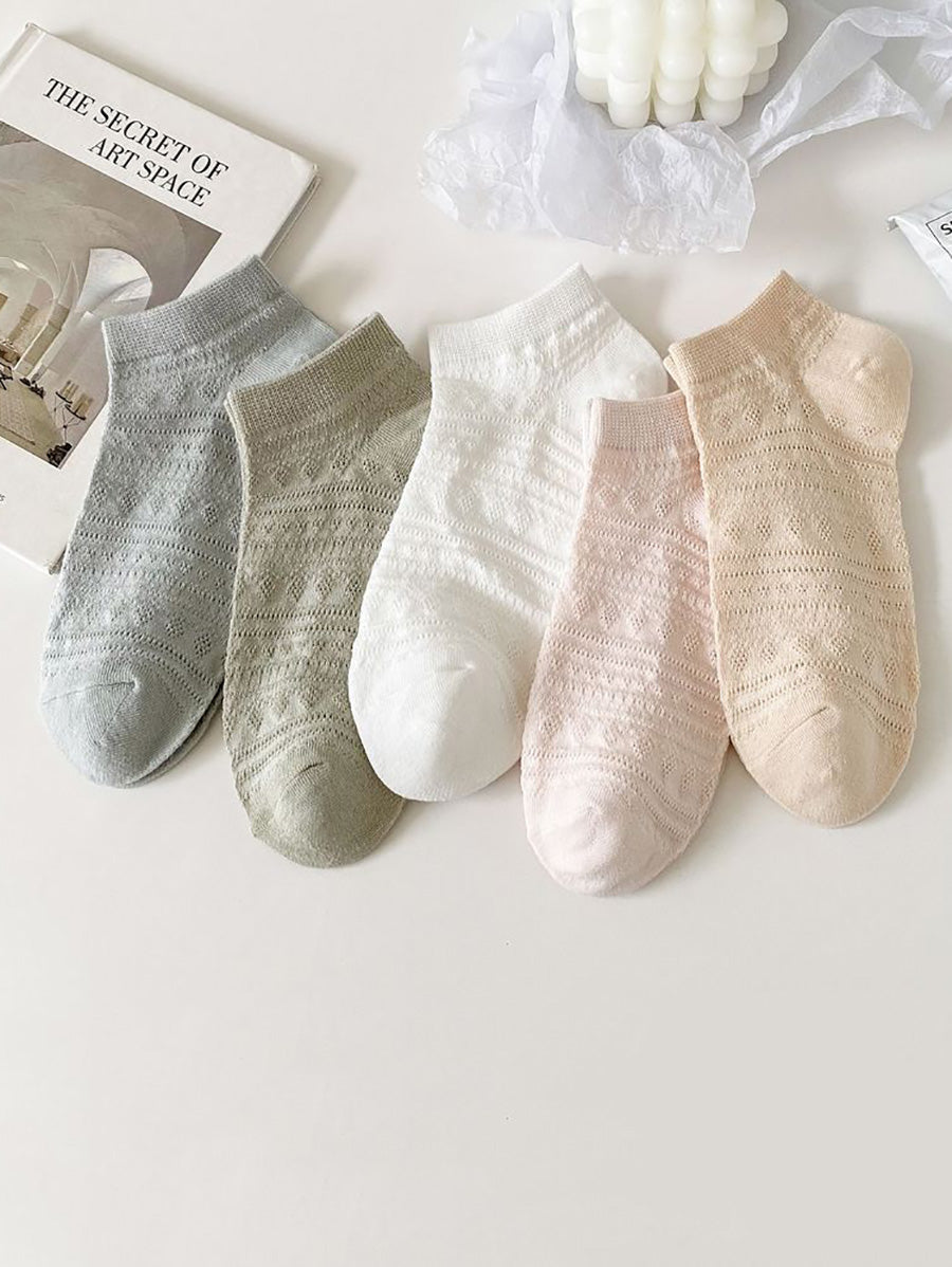 5 Pairs Women Summer Artsy Jacquard Cotton Short Socks CX018 BUYKUD