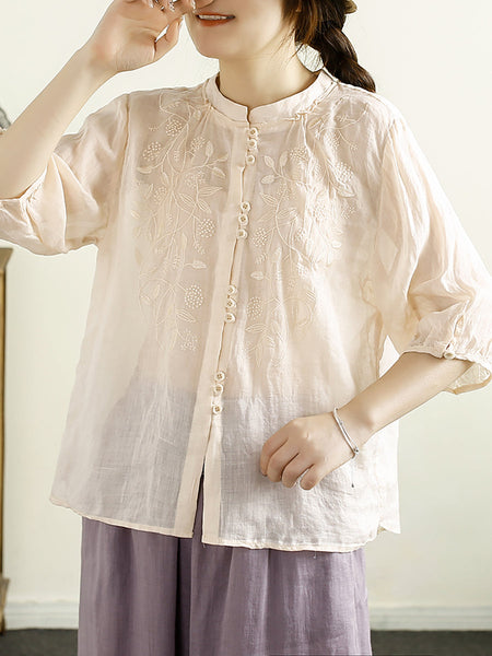 Women Summer Artsy Embroidery Button Ramie Shirt II1043 BUYKUD